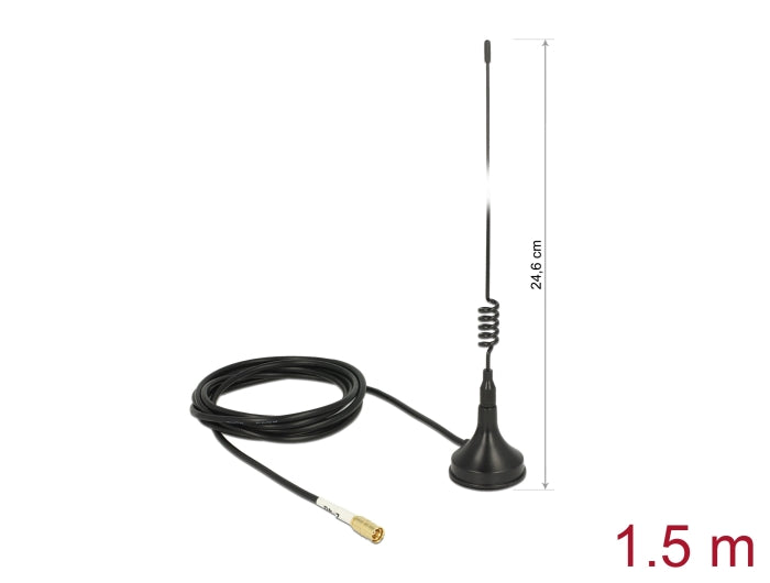 Delock WLAN 802.11 b/g/n Antenne SMB Stecker 2 dBi starr omnidirektional mit magnetischem Standfuß und Anschlusskabel RG-174 1,5 m outdoor schwarz