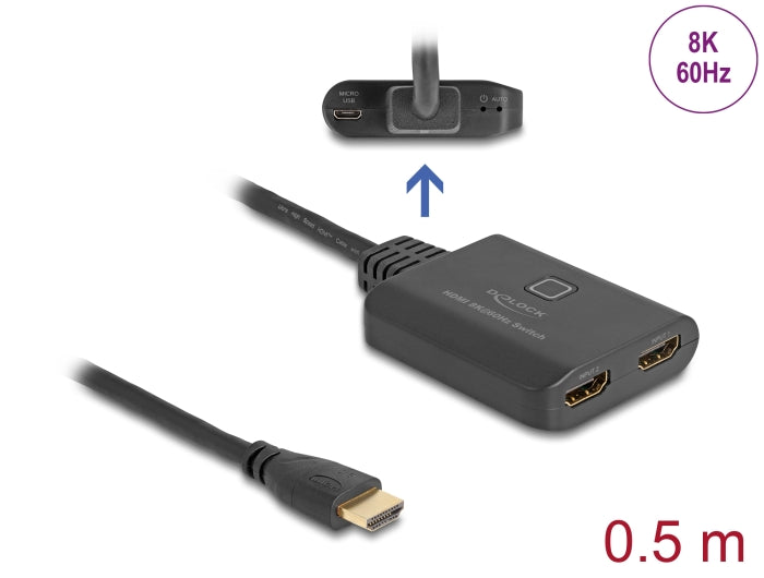 Delock HDMI Switch 2 x HDMI in zu 1 x HDMI out 8K 60 Hz mit integriertem Kabel 50 cm