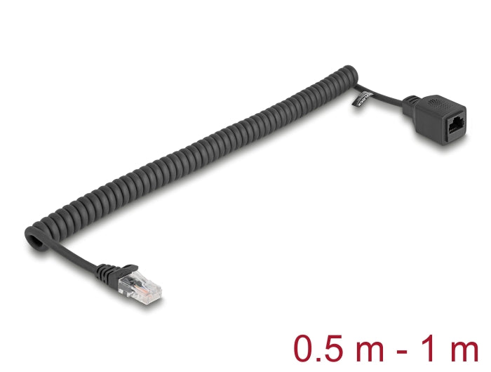 Delock RJ45 Spiralkabel Stecker zu Buchse Cat.5e UTP 0,5 m bis 1 m schwarz