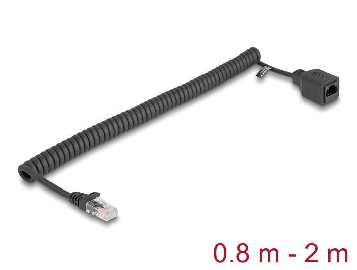 Delock RJ45 Spiralkabel Stecker zu Buchse Cat.5e UTP 0,8 m bis 2 m schwarz