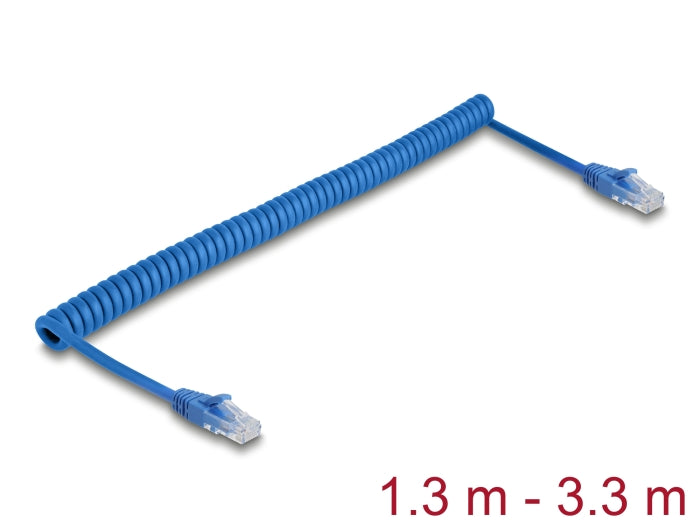 Delock RJ45 Spiralkabel Stecker zu Stecker Cat.6 UTP 1,3 m bis 3,3 m blau