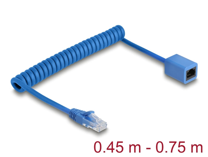 Delock RJ45 Spiralkabel Stecker zu Buchse Cat.6 UTP 0,45 m bis 0,75 m blau