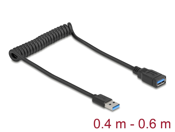 Delock USB 5 Gbps Spiralkabel Typ-A Stecker zu Typ-A Buchse 0,4 m bis 0,6 m schwarz