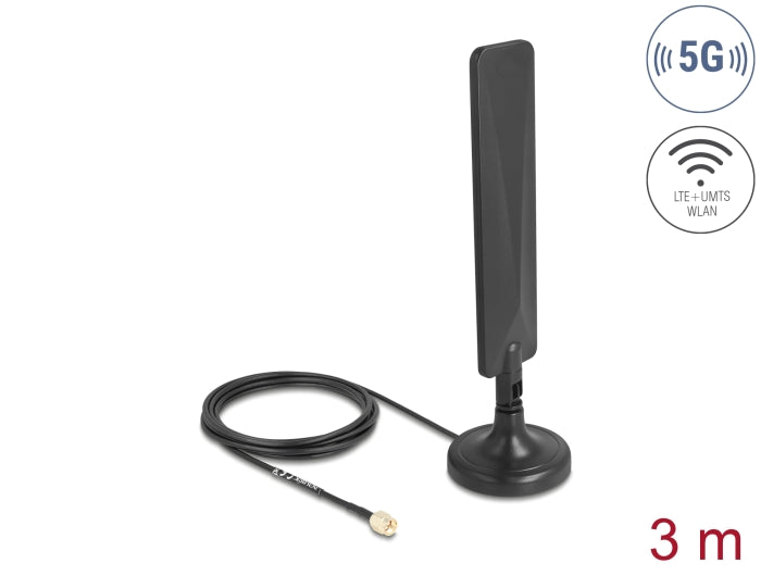 Delock 5G LTE Antenne SMA Stecker 3 dBi omnidirektional mit Anschlusskabel RG-174 3 m mit Kippgelenk mit magnetischem Standfuß schwarz