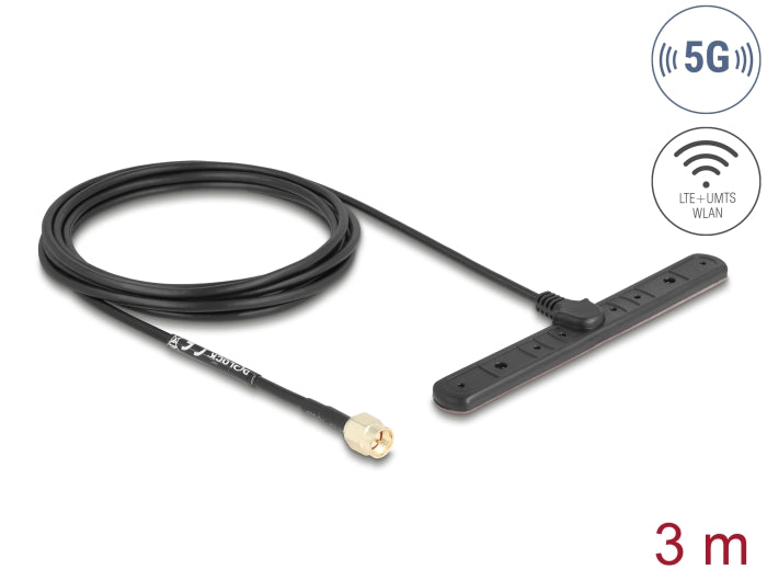 Delock 5G LTE Antenne SMA Stecker 3 dBi omnidirektional starr mit Anschlusskabel RG-174 3 m Klebemontage outdoor schwarz