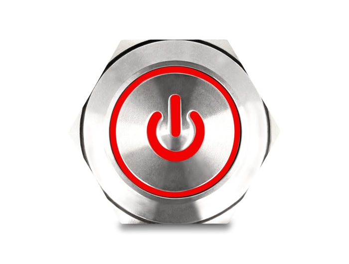 Delock Drucktaster zum Einbau 25 mm 6 x Lötanschluss LED rot tastend Powersymbol + Ring