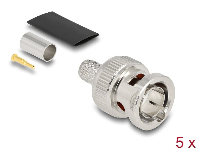 Delock BNC Stecker 75 Ohm zum Crimpen RG59 mit passendem Schrumpfschlauch - 5 Stück