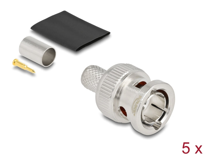 Delock BNC Stecker 75 Ohm zum Crimpen RG6 mit passendem Schrumpfschlauch - 5 Stück