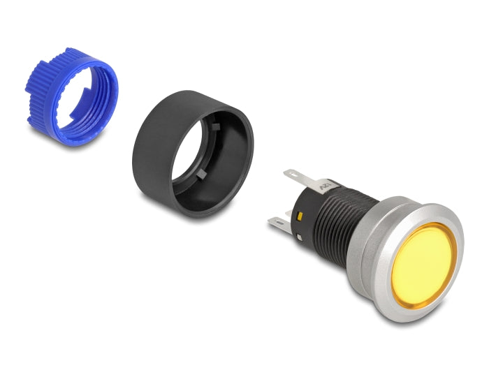Delock Drucktaster zum Einbau 22 mm 5 x Lötanschluss Taster flach Kunststoff LED gelb