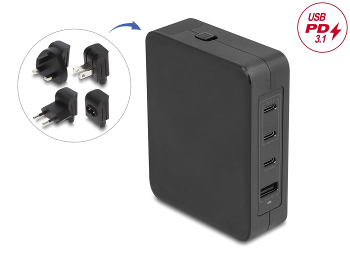 Delock USB GaN Ladegerät 3 x USB Type-C™ PD 3.1 und 1 x USB Typ-A mit 145 W inklusive Strom-Adapter für EU / US / UK