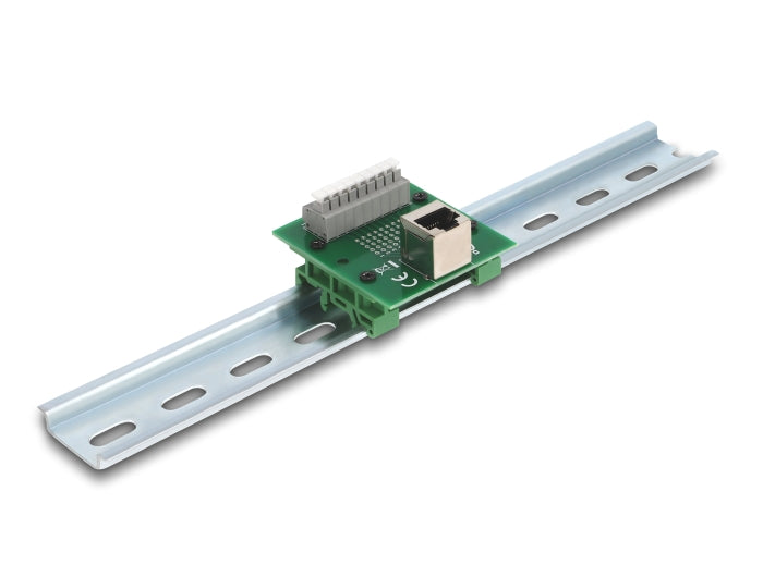 Delock RJ45 Buchse zu Terminalblock mit Drucktaster für Hutschiene gewinkelt