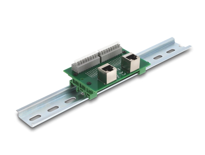 Delock RJ45 2 x Buchse zu 2 x Terminalblock mit Drucktaster für Hutschiene gewinkelt