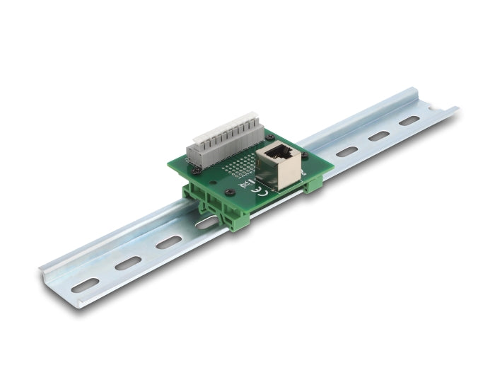 Delock RJ50 Buchse zu Terminalblock mit Drucktaster für Hutschiene gewinkelt