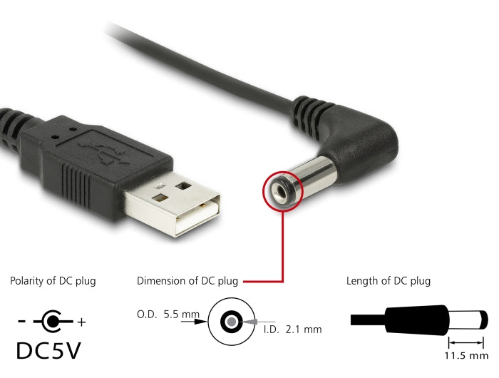 Delock Kabel USB Power > DC 5,5 x 2,1 mm Stecker 90° 1,5 m