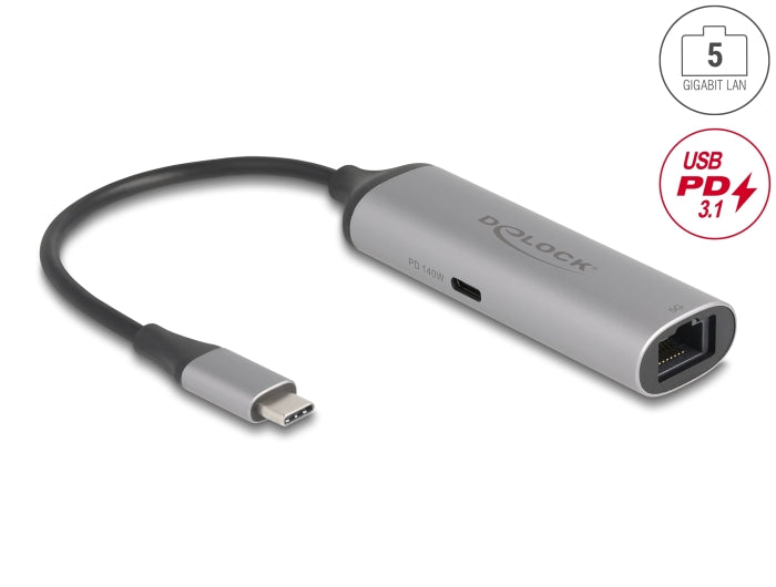 Delock USB Type-C™ Netzwerk Adapter 5 Gigabit LAN 1 x RJ45 mit Power Delivery PD 3.1 140 Watt