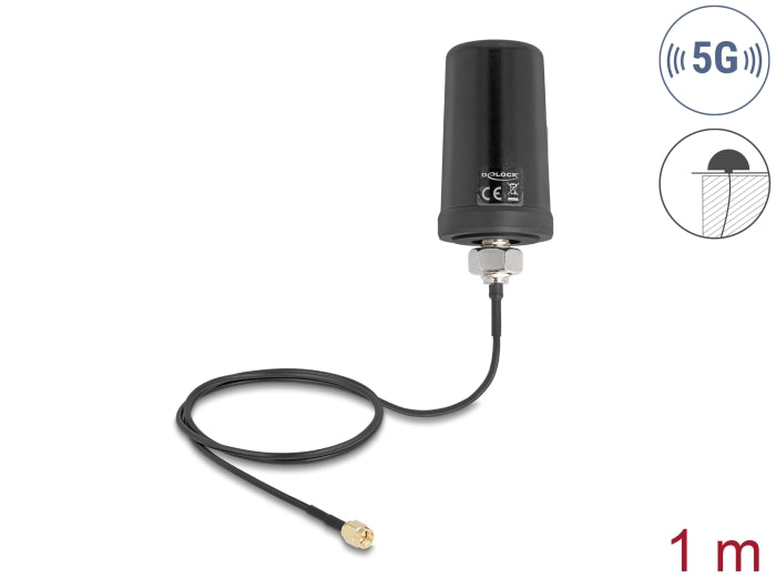 Delock 5G LTE GNSS WiFi 6 Antenne SMA Stecker 1,1 - 4,0 dBi omnidirektional mit Anschlusskabel ULA100 1 m Dachmontage outdoor schwarz