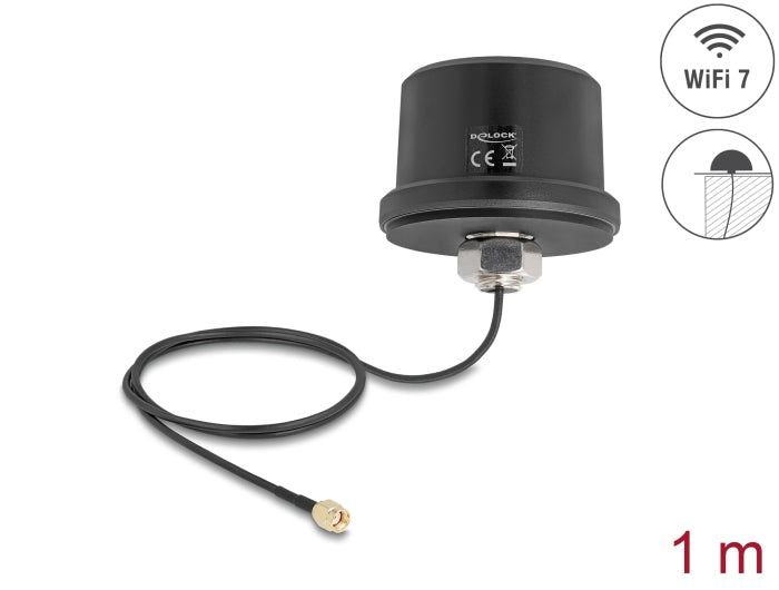 Delock WiFi 7 Antenne RP-SMA Stecker 3,1 - 3,5 dBi omnidirektional mit Anschlusskabel ULA100 1 m Dachmontage outdoor schwarz