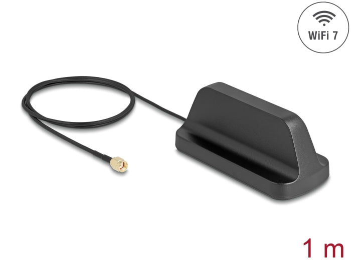 Delock WiFi 7 Antenne RP-SMA Stecker 2,5 - 3,6 dBi omnidirektional mit magnetischem Standfuß und Anschlusskabel ULA100 1 m outdoor schwarz