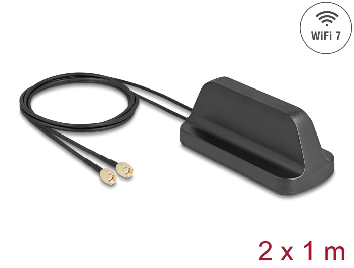 Delock WiFi 7 Antenne 2 x RP-SMA Stecker 2,4 - 4,0 dBi omnidirektional mit magnetischem Standfuß und Anschlusskabel ULA100 1 m outdoor schwarz