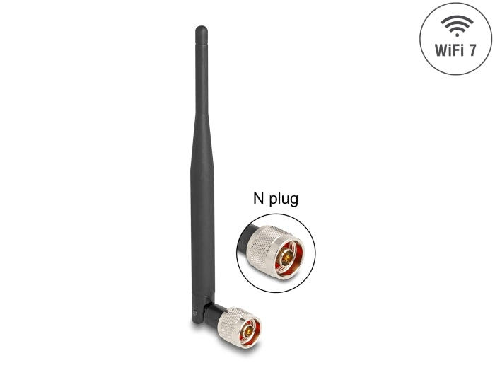 Delock WiFi 7 Antenne N Stecker 2 - 3 dBi 20,6 cm omnidirektional mit Kippgelenk und flexiblem Material schwarz