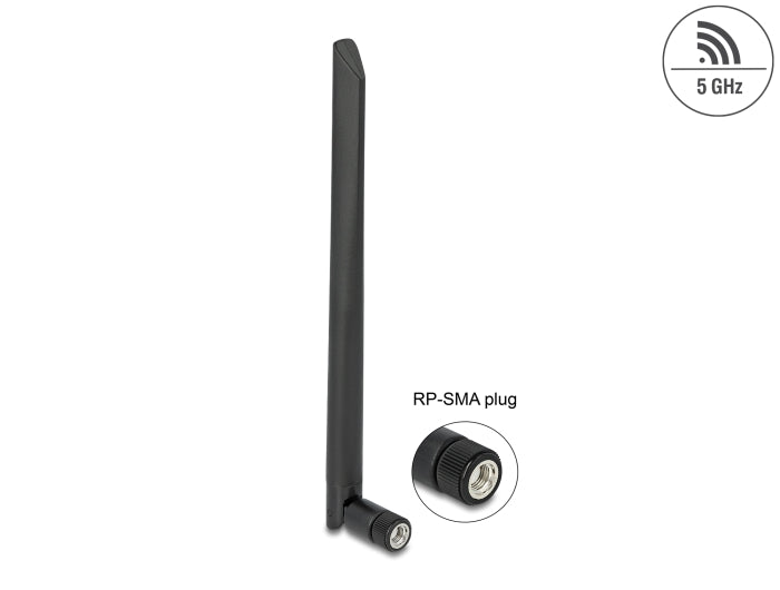 Delock WLAN 802.11 ac/ax/a Antenne RP-SMA Stecker 5 dBi 20 cm omnidirektional mit Kippgelenk und flexiblem Material schwarz