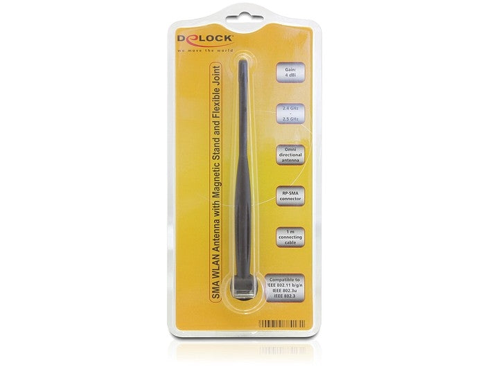 Delock WLAN 802.11 b/g/n Antenne RP-SMA 4 dBi omnidirektional Gelenk ULA100 1 m mit magnetischem Standfuß