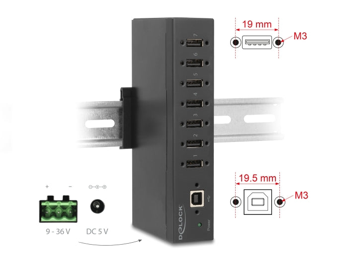 Delock Industrie Hub 7 x USB 2.0 Typ-A mit 15 kV ESD Schutz und Hutschienenbefestigung