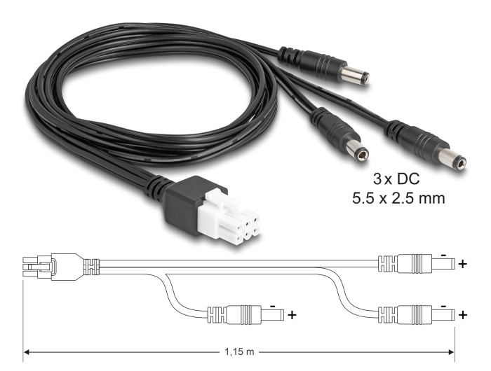 Delock Kabel Mini-Fit 4,2 mm 6 Pin Stecker zu 3 x DC 5,5 x 2,5 mm Stecker schwarz