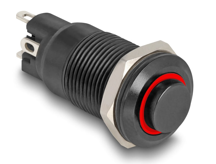 Delock Druckschalter zum Einbau schwarz 12 mm 12 V 4 x Lötanschluss rastend LED rot Ring