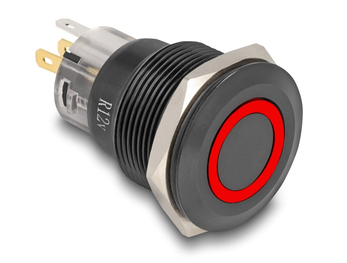 Delock Druckschalter zum Einbau schwarz 22 mm 12 V 5 x Lötanschluss rastend LED rot Ring
