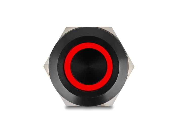 Delock Druckschalter zum Einbau schwarz 22 mm 12 V 5 x Lötanschluss rastend LED rot Ring