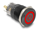 Delock Druckschalter zum Einbau schwarz 19 mm 12 V 5 x Lötanschluss rastend LED rot Powersymbol + Ring