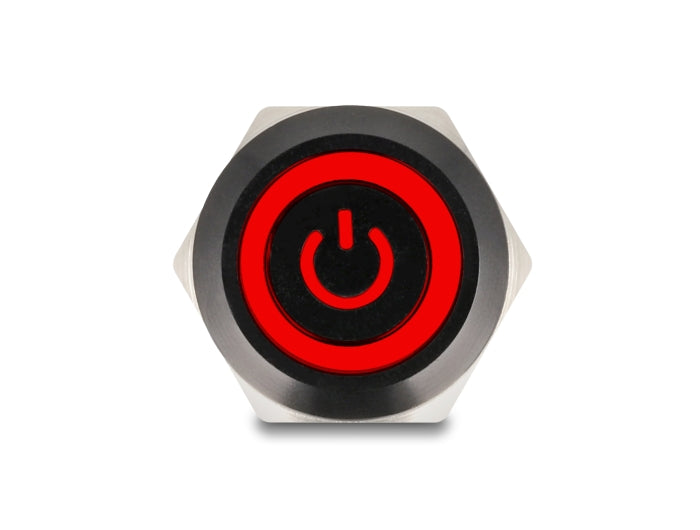 Delock Druckschalter zum Einbau schwarz 19 mm 12 V 5 x Lötanschluss rastend LED rot Powersymbol + Ring