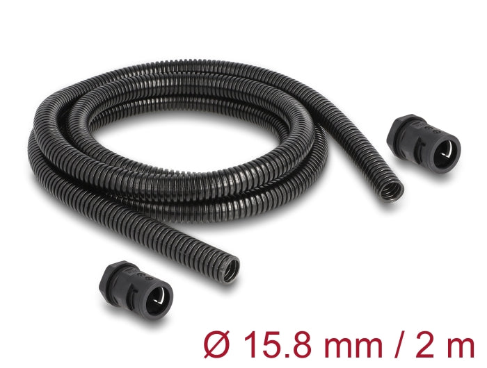 Delock Kabelschutzschlauch 2 m x 15,8 mm mit 2 x PG11 Schlauchverschraubung Set schwarz