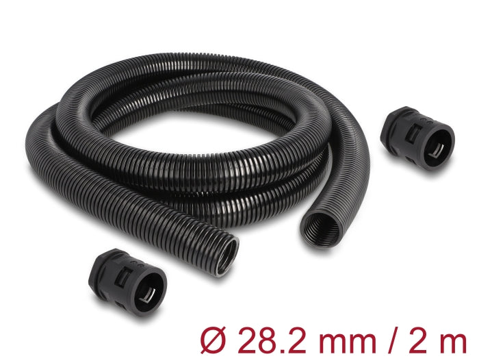 Delock Kabelschutzschlauch 2 m x 28,5 mm mit 2 x PG21 Schlauchverschraubung Set schwarz