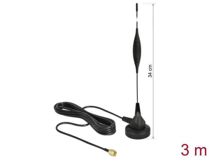 Delock GSM Antenne SMA Stecker 5 dBi starr omnidirektional mit magnetischem Standfuß und Anschlusskabel RG-174 3 m outdoor schwarz