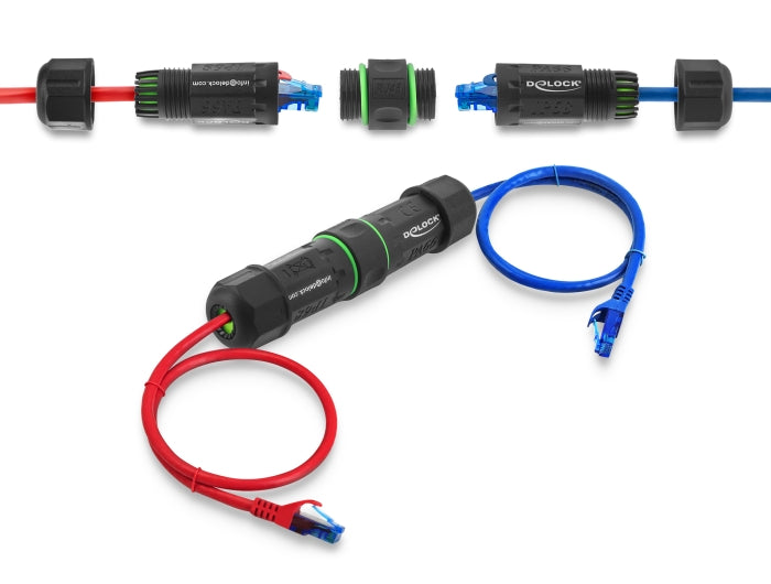 Delock Kabelverbinder RJ45 Buchse zu RJ45 Buchse Cat.6 mit M16 Gewinde IP68 staub- und wasserdicht