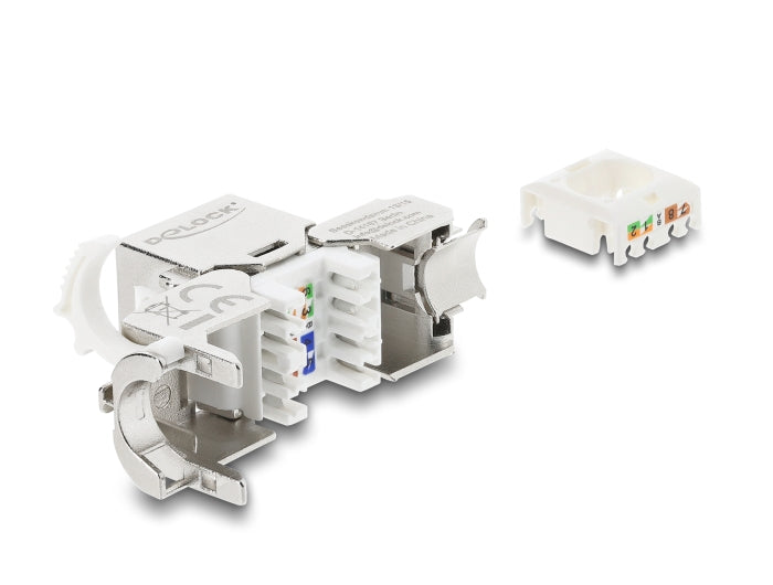 Delock Keystone Modul RJ45 Buchse zu LSA Cat.8.1 geschirmt mit Verschlussclip und Staubschutzklappe kabelbinderfrei