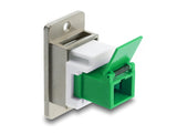 Delock Panel Mount SC Simplex Buchse zu SC Simplex Buchse mit Laserschutzklappe innen silber / grün / weiß