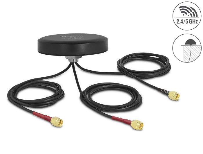 Delock LTE MIMO Dualband WLAN 802.11 ac/ax/a/h/b/g/n Antenne 3 x SMA Stecker RG-174 1 m Schraubmontage outdoor schwarz