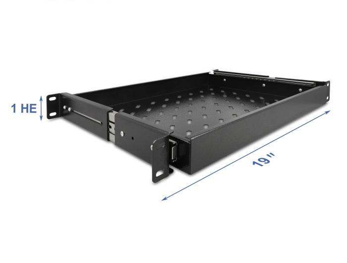 Delock 19″ Ausziehbare Schublade 1 HE, längenverstellbar bis 280 mm, Tiefe 345 mm, schwarz