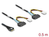 Delock PCIe 4.0 Kabel Slim SAS SFF-8654 8i zu 2 x U.2 SFF-8639 Buchse + Stromanschluss 0,5 m