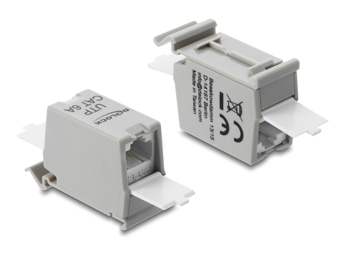 Delock RJ45 Kupplung Cat.6A Buchse zu Buchse mit Staubschutzklappe für Hutschienen Montage ungeschirmt grau / weiß
