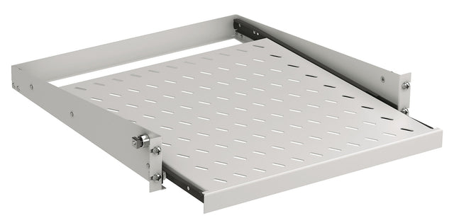 19" 2HE Fachboden ausziehbar, T=455 mm, Frontbefestigung, 20 kg, RAL9005 Stück
