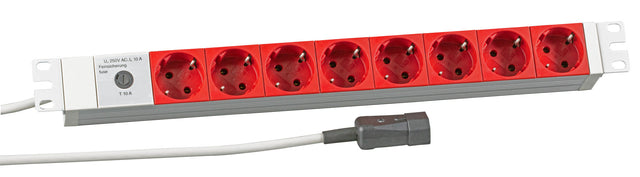19" 1HE Steckdosenleiste 8 x CEE7/3 rot, Zuleitung C14 für USV, RAL7035 Stück