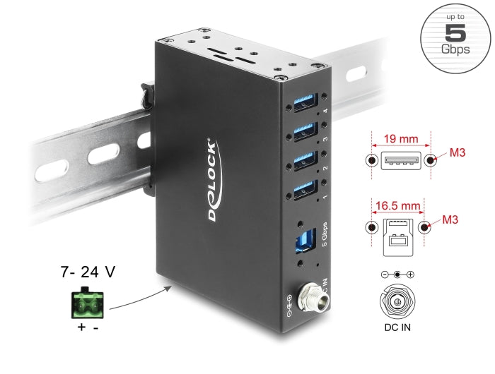 Delock Industrie Hub 4 x USB 5 Gbps Typ-A mit 8 kV ESD Schutz und Hutschienenbefestigung
