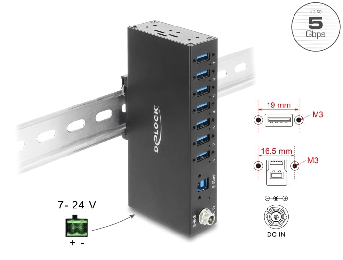 Delock Industrie Hub 7 x USB 5 Gbps Typ-A mit 8 kV ESD Schutz und Hutschienenbefestigung