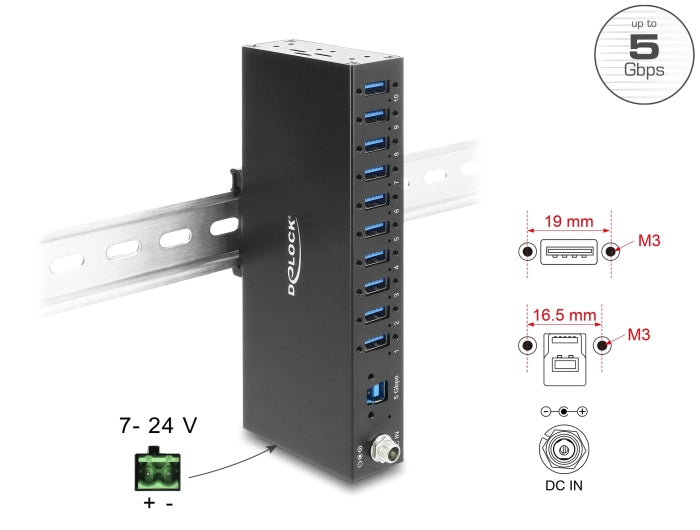 Delock Industrie Hub 10 x USB 5 Gbps Typ-A mit 8 kV ESD Schutz und Hutschienenbefestigung