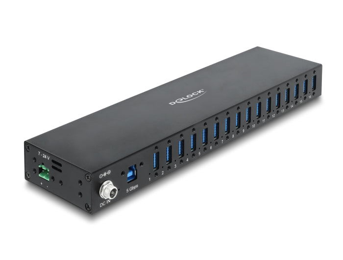 Delock Industrie Hub 16 x USB 5 Gbps Typ-A mit 8 kV ESD Schutz und Hutschienenbefestigung
