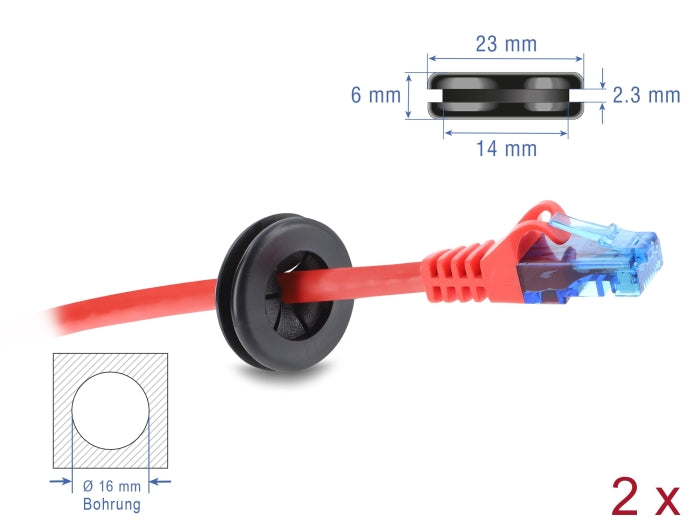 Delock Gummi Kabeldurchführung rund Ø 16 mm schwarz 2 Stück